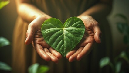 Green Energy, Renewable and Sustainable Resources. Concept of Environmental and Ecology Care. Close-up of Hand Holding a Heart-Shaped Green Leaf.