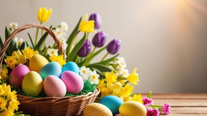 Easter Eggs Nestled In A Basket Surrounded By Fresh Spring Flowers, Capturing The Essence Of The Holiday Season With A Touch Of Nature's Beauty.