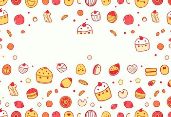 Continuous cute dessert & sweet doodle border; seamless repeat pattern for web, print, pastry, horizontal