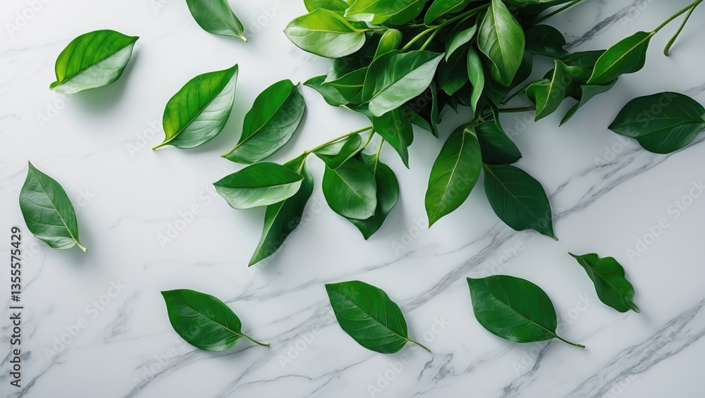 Poster green leaves around the edges of a marble table set against a white and gray backdrop. mockup for ad