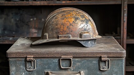 A rugged construction helmet with dirt and scratches placed on a metal toolbox.