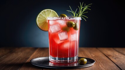 Fototapeta premium Iced Bloody Mary (Caesar) cocktail in a glass, garnished with salt and pepper on a wooden bar against a dark background. Horizontal image with shallow depth of field and space for text.