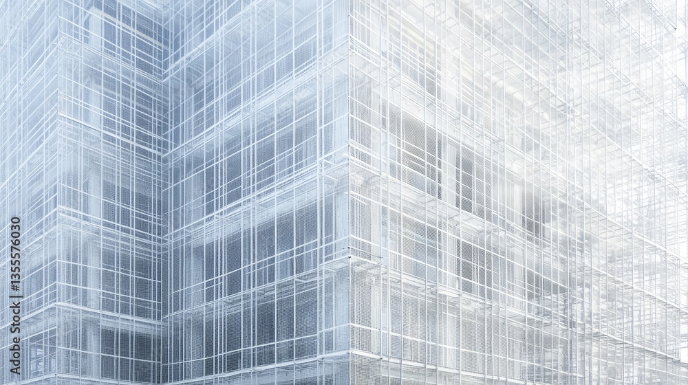 Poster a scaffold structure covered with safety netting surrounding an unfinished high-rise building.