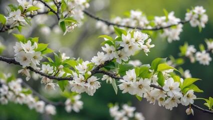 Obraz premium In the beauty of nature's spring, delicate white flowers decorate branches.