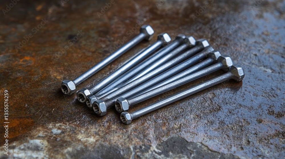 Poster a set of hex keys allen wrenches neatly arranged on a textured metal background.