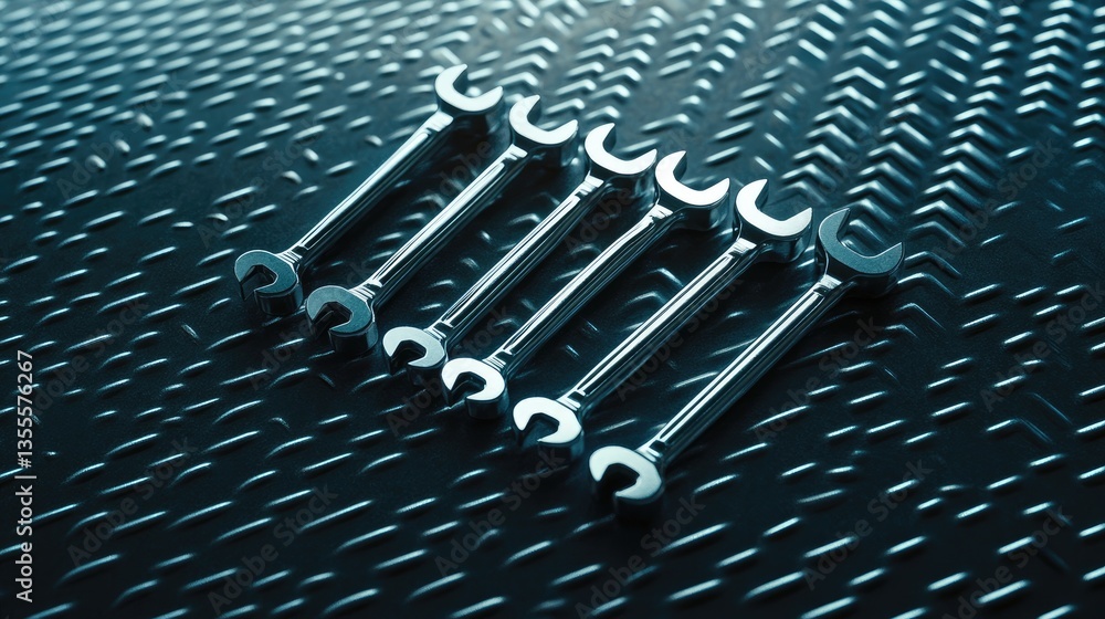 Poster a set of hex keys allen wrenches neatly arranged on a textured metal background.