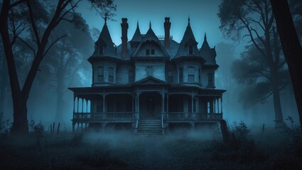 Obraz premium Horizontal Halloween banner featuring a haunted house. An old abandoned residence within the nighttime forest. A frightening cottage in an enigmatic woodland. Photo tinted in blue hues.