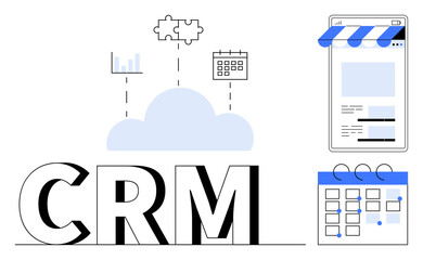 Cloud connecting CRM, calendar, analytics, and mobile app for streamlined management. Ideal for organization, data visualization, task planning, digital tools, customer management efficiency flat