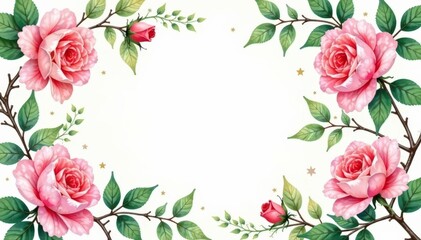 Delicate watercolor roses, climbing vines, and leafy branches , pretty, spring