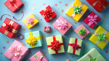 Holiday flat lay featuring gift boxes adorned in vibrant paper and tied with bows against a blue background, embellished with confetti.