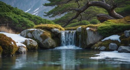 Fototapeta premium Images from a spring located in a specific area. Aquifer water sourced from a mountain. Clear subterranean water in a pond. Water originating from a significant mountain. World Heritage Site.