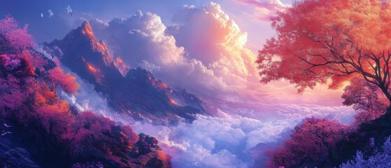 Majestic Landscape with Vibrant Pink Trees and Dramatic Cloud Formation in a Serene Mountain Environment