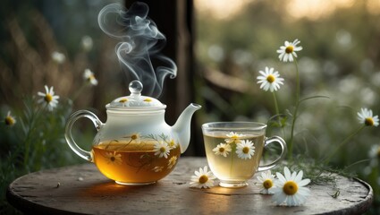 Fototapeta premium Herbal chamomile tea with chamomile flowers beside a teapot and glass of tea. Rural setting.