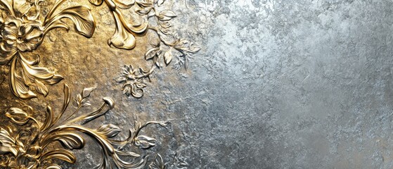 Elegant Decorative Background with Golden Floral Patterns on Silver Textured Surface