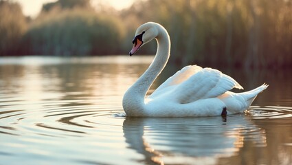 Fototapeta premium Horizontal color image of a swan solitary in the water.