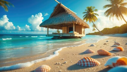 Hut by the beach. Summer backdrop featuring sea, ocean, and waves. Tropical resort vacation travel tourism relaxation hotel with clouds, sky, nature, and an unoccupied island. Empty space for copy.