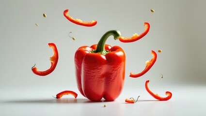 Isolated bell pepper against a white backdrop. Slices of sweet pepper in the air. The descending pieces. Cooking element. Design aspect. The idea of healthy food.
