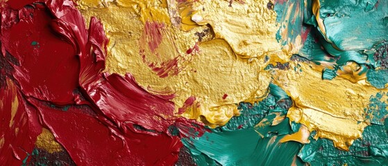 Vibrant Abstract Texture with Red, Gold, and Green Acrylic Paint Blend on Canvas Surface