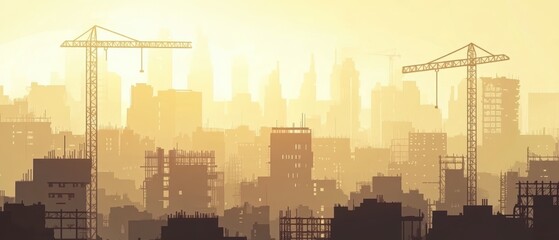 Urban Construction Landscape with Cranes and Silhouetted City Skyline at Sunrise