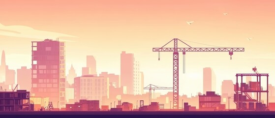 Urban skyline silhouette during sunset with construction cranes and buildings in soft pastel colors