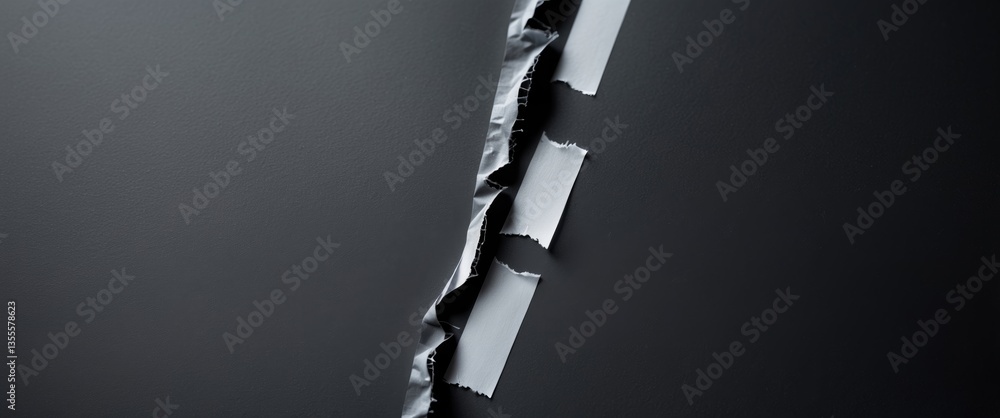 Aufkleber detail scan of a black paper surface featuring a tear or torn line repaired with sticker tape, servi