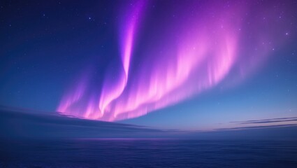 Display of pink and purple aurora borealis over a star-filled sky.