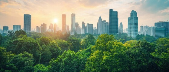 Panoramic View of Urban Skyline at Sunset with Lush Green Trees in Foreground and Dramatic Cloudy Sky