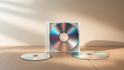 Mockup of DVD or CD disc cover case. Template featuring a plastic box and disc with empty white space for design. Mock-up including packaging for compact or DVD disc, placed on a wooden table backd...