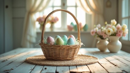 Easter vibrant eggs in a basket on a white wooden table. Joyful background with space for text.