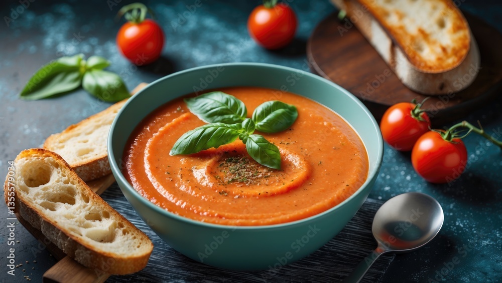 Poster delicious tomato cream soup presented on a textured table. space for text.