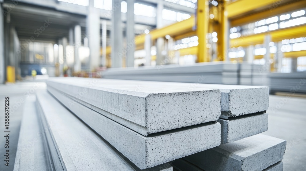 Poster bundles of pre-stressed concrete beams stacked in a construction depot, illustrating their use in br