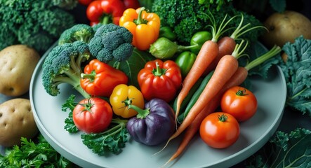 Colorful fruits and vegetables arranged on a table in a full-frame studio shot.