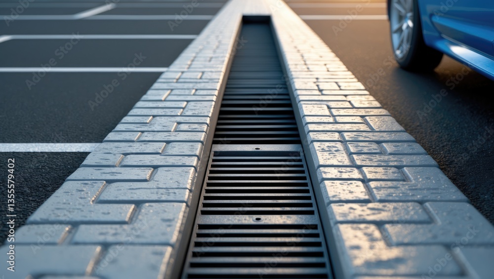 Poster drainage feature in interlocking paving concrete channel with slotted drain crafted from a single pi