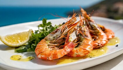 Freshly Grilled Prawns with Garlic Butter Shot Sideways on White Plate in Bright Mediterranean Coastal Sunlight