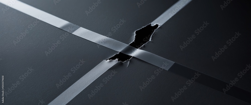 Aufkleber Detail scan of document showing a black copy paper surface with a tear or torn line repaired by sticker tape, stylish poster overlay or design element.