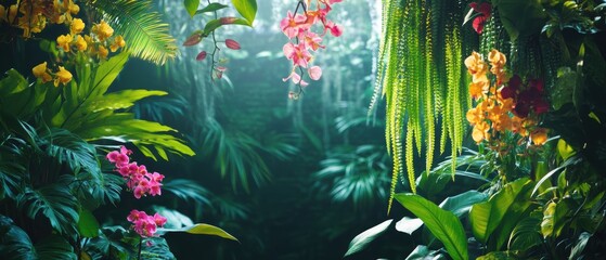 Lush Tropical Jungle with Vibrant Orchids and Ferns in a Mystic Light