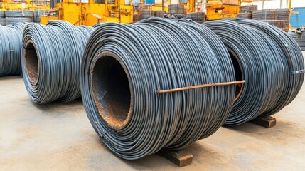 Bundles of tensioned steel cables coiled and stored in an industrial yard, used in bridge and high-rise construction.