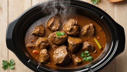 Lamb Curry preparation in slow Cooker with area for text.