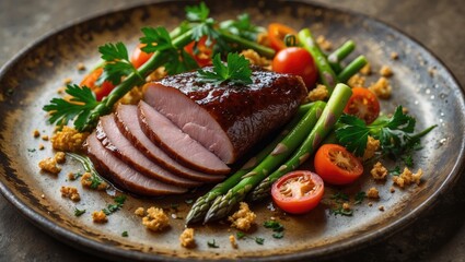 Juicy sliced duck breast glimmers beneath a rich glaze, paired with a vibrant mix of fresh vegetables and herbs, creating a delightful culinary experience.
