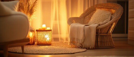 Cozy and Serene Interior Featuring Rattan Chair, Soft Textiles, Ambient Light, and Natural Elements in Warm Tones