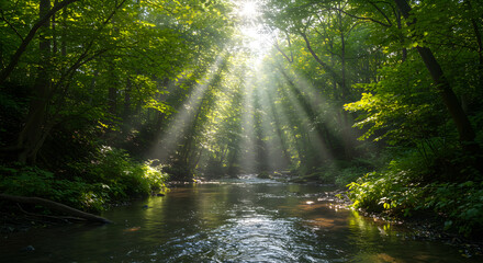 Stream Flowing Through Green Forest with Sunlight Bursting Through Trees
