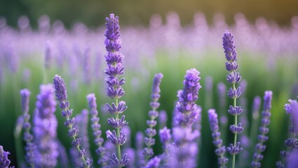 Lavender with a bokeh background featuring vibrant violet flower spikes rising above soft-focused green foliage. Space for text.