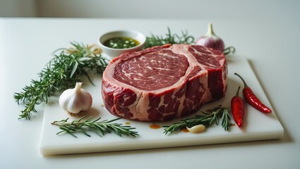 Cooking meat backdrop. Raw aged beef T-bone steak, accompanied by spices and herbs for preparation on a white table surface, top view.