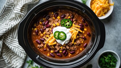 Ingredients for Turkey Chili in a Slow Cooker, Garnished with Sour Cream, Cheese, and Jalapenos