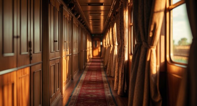 Interior of vintage steam train carriage featuring wooden doors and floor carpets.