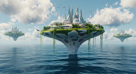 Fototapeta premium Visionary concept of sustainable future metropolis resting on floating platforms above tranquil ocean