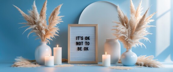 Dried pampas grass arranged in vases, candles, and a felt letter board with a phrase on a blue and white backdrop. Concept of mental health.