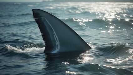 Naklejka premium dorsal fin of great white shark, near the bay