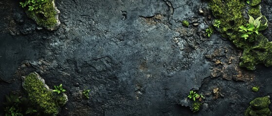 Dark Textured Surface with Moss and Small Plants on a Concrete Background for Nature and Texture Themes