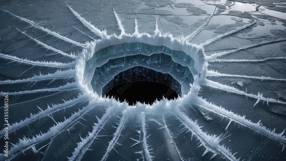 Poster cracks and air in the ice surrounding a frozen hole in the surface of a river. texture backdrop.